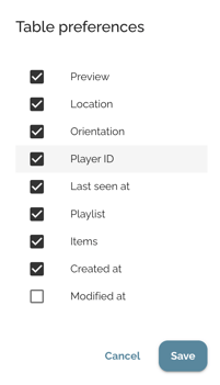 Dashboard - Screen Managers - Players - Table Preference